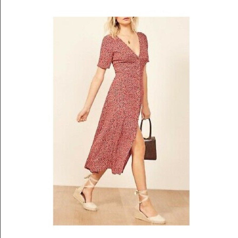Reformation Red Floral Print Button-Down Dress